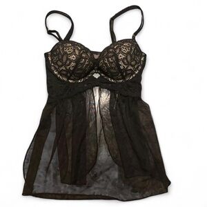 Victoria’s Secret Lace Flyaway Babydoll Lingerie Black Sheer 34C
